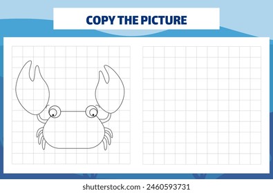 Copy the picture. Cute crab. Coloring book pages for kids. Education developing worksheet