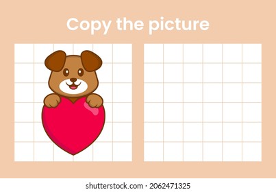 Copy the picture of a cute dog. Educational game for children. Cartoon vector illustration