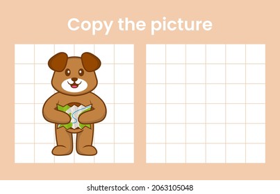 Copy the picture of a cute dog. Educational game for children. Cartoon vector illustration