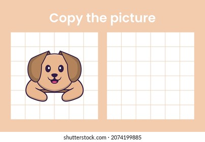 Copy the picture of a cute dog. Educational game for children. Cartoon vector illustration