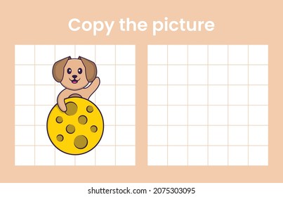 Copia la foto de un perro lindo. Juego educativo para niños. Ilustración vectorial de dibujos animados