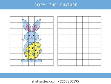 Copy the picture of cute Easter bunny with egg. Simple educational game for kids. Vector worksheet