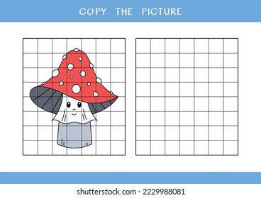 Copy the picture of cute fly agaric. Simple educational game for kids. Vector worksheet