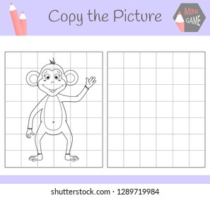Copy the picture: cute monkey. Coloring book. Educational game for children. Vector illustration