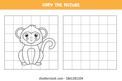 Copia la foto de un mono lindo. Juego educativo para los niños. Práctica de escritura a mano.
