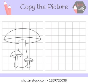 Copy the picture: cute mushroom. Coloring book. Educational game for children. Vector illustration
