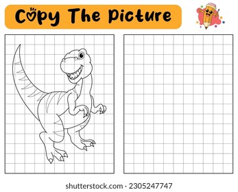 Copiar la imagen Dinosaurio usando líneas de cuadrícula. Coloración con lección de dibujo.