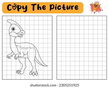 Copiar la imagen Dinosaurio usando líneas de cuadrícula. Coloración con lección de dibujo.