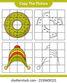 Copie la imagen, copie la imagen de Donut y Hat utilizando líneas de cuadrícula. Juego infantil educativo, hoja de cálculo imprimible, ilustración vectorial