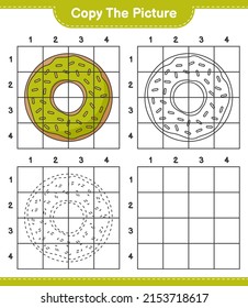 Copy the picture, copy the picture of Donut using grid lines. Educational children game, printable worksheet, vector illustration