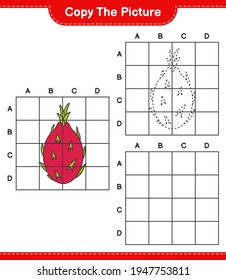 Copy the picture, copy the picture of Dragon Fruit using grid lines. Educational children game, printable worksheet, vector illustration
