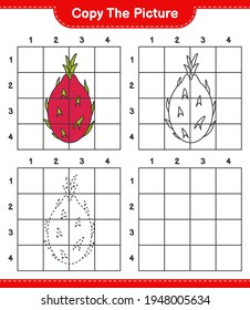 Copy the picture, copy the picture of Dragon Fruit using grid lines. Educational children game, printable worksheet, vector illustration

