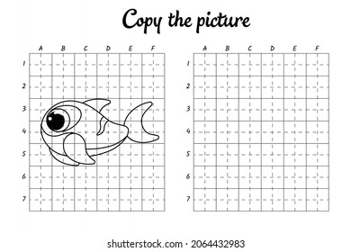 Copia la imagen. Dibujar por cuadrícula. Colorando páginas de libros para niños. Práctica de escritura a mano, formación de habilidades. Educación desarrollando hoja de cálculo imprimible. Actividad. Ilustración vectorial de dibujos animados.