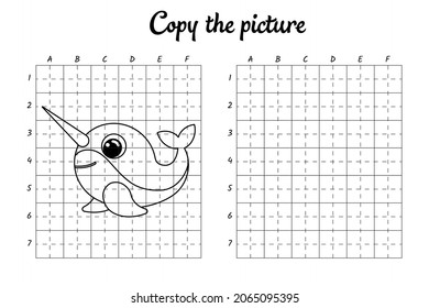 Copy the picture. Draw by grid. Coloring book pages for kids. Handwriting practice, drawing skills training. Education developing printable worksheet. Activity page. Cute cartoon vector illustration.