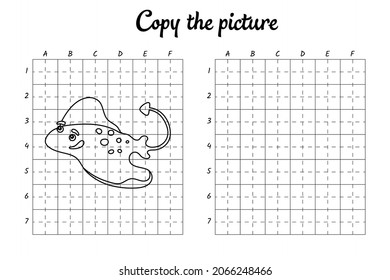 Copy the picture. Draw by grid. Coloring book pages for kids. Handwriting practice, drawing skills training. Education developing printable worksheet. Activity page. Cute cartoon vector illustration.