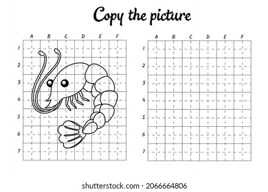 Copy the picture. Draw by grid. Coloring book pages for kids. Handwriting practice, drawing skills training. Education developing printable worksheet. Activity page. Cute cartoon vector illustration.