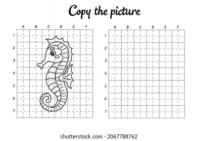 Copia la imagen. Dibujar por cuadrícula. Colorando páginas de libros para niños. Práctica de escritura a mano, formación de habilidades. Educación desarrollando hoja de cálculo imprimible. Actividad. Ilustración vectorial de dibujos animados.