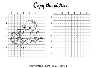 Copia la imagen. Dibujar por cuadrícula. Colorando páginas de libros para niños. Práctica de escritura a mano, formación de habilidades. Educación desarrollando hoja de cálculo imprimible. Actividad. Ilustración vectorial de dibujos animados.