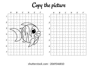 Copia la imagen. Dibujar por cuadrícula. Colorando páginas de libros para niños. Práctica de escritura a mano, formación de habilidades. Educación desarrollando hoja de cálculo imprimible. Actividad. Ilustración vectorial de dibujos animados.