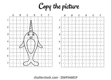 Copy the picture. Draw by grid. Coloring book pages for kids. Handwriting practice, drawing skills training. Education developing printable worksheet. Activity page. Cute cartoon vector illustration.