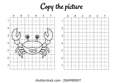 Copy the picture. Draw by grid. Coloring book pages for kids. Handwriting practice, drawing skills training. Education developing printable worksheet. Activity page. Cute cartoon vector illustration.