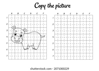 Copy the picture. Draw by grid. Coloring book pages for kids. Handwriting practice, drawing skills training. Education developing printable worksheet. Activity page. Cute cartoon vector illustration.