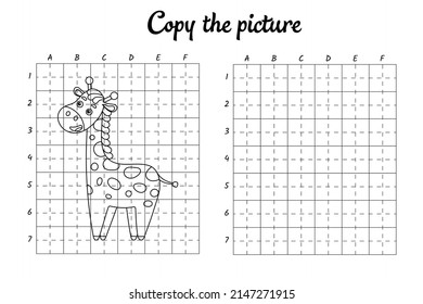 Copy the picture. Draw by grid. Coloring book pages for kids. Handwriting practice, drawing skills training. Education developing printable worksheet. Activity page. Cute cartoon vector illustration.