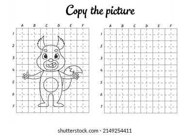 Copy the picture. Draw by grid. Coloring book pages for kids. Handwriting practice, drawing skills training. Education developing printable worksheet. Activity page. Cute cartoon vector illustration.