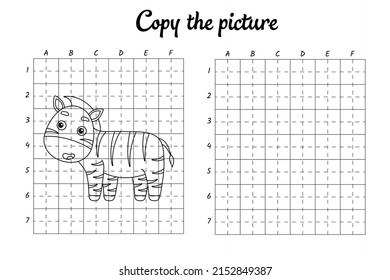 Copy the picture. Draw by grid. Coloring book pages for kids. Handwriting practice, drawing skills training. Education developing printable worksheet. Activity page. Cute cartoon vector illustration.