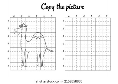 Copy the picture. Draw by grid. Coloring book pages for kids. Handwriting practice, drawing skills training. Education developing printable worksheet. Activity page. Cute cartoon vector illustration.