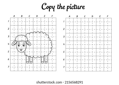 Copy the picture. Draw by grid. Coloring book pages for kids. Handwriting practice, drawing skills training. Education developing printable worksheet. Activity page. Cute cartoon vector illustration.