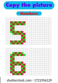 Copy the picture. Draw the numbers 5 and 6 using the grid. Color by example.  Educational game for children with learning numbers and symmetry. Worksheet for kids. Stock vector illustration.