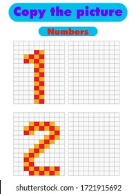Copy the picture. Draw the numbers using the grid. Color by example.  Educational game for children with learning numbers and symmetry. Worksheet for kids. Stock vector illustration.