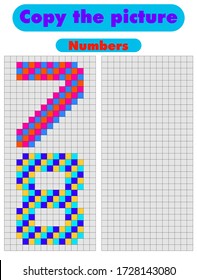 Copy the picture. Draw the numbers using the grid. Color by example.  Educational game for children with learning numbers and symmetry. Worksheet for kids. Stock vector illustration.