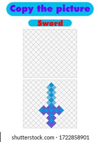 Copy the picture. Draw the police sword using the grid. Color by example.  Educational game for children with learning symmetry. Worksheet for kids. Stock vector illustration.