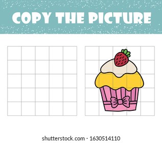 Copy the picture. Drawing activity for kids school and preschool age. Educational game for preschool children. Vector Illustration. Сupcake