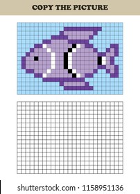 Copy the picture. Drawing kids activity. Educational game for preschool children. Tropical fish.