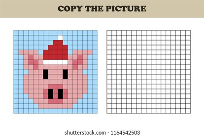 Copy the picture. Drawing kids activity. Educational game for preschool children. Christmas pig. Symbol 2019