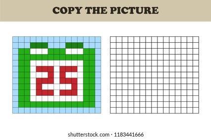 Copy the picture. Drawing kids activity. Educational game for preschool children. Christmas. Сalendar.
