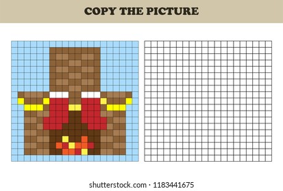 Copy the picture. Drawing kids activity. Educational game for preschool children. Christmas. Decorated fireplace.