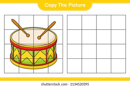 Copy the picture, copy the picture of Drum using grid lines. Educational children game, printable worksheet, vector illustration