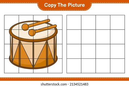 Copy the picture, copy the picture of Drum using grid lines. Educational children game, printable worksheet, vector illustration