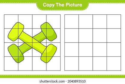 Copia la imagen, copia la imagen de Dumbbell utilizando líneas de cuadrícula. Juego infantil educativo, hoja de cálculo imprimible, ilustración vectorial