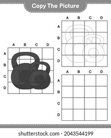 Copia la imagen, copia la imagen de Dumbbell utilizando líneas de cuadrícula. Juego infantil educativo, hoja de cálculo imprimible, ilustración vectorial