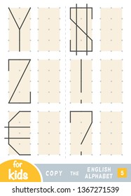 Copy the picture, education game for children. Repeat the image by dots. Draw the letters of the English alphabet. Letters Y, Z and signs euro, dollar, exclamation mark, question mark