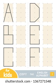 Copy the picture, education game for children. Repeat the image by dots. Draw the letters of the English alphabet. Letters A, B, C, D, E, F