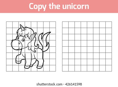 Copy the picture, education game for children. Animal characters, unicorn