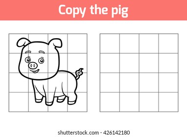Copy the picture, education game for children. Animal characters, pig