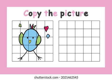 Copy the picture. Educational game for children. Cute bird. Drawing activity for kids. Colorful vector illustration.