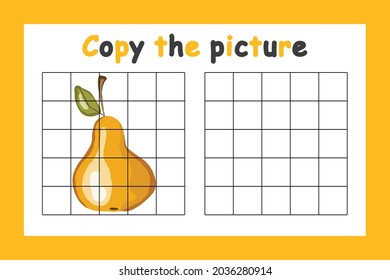 Copy the picture. Educational game for children. Cute yellow pear. Drawing activity for kids. Colorful vector illustration.